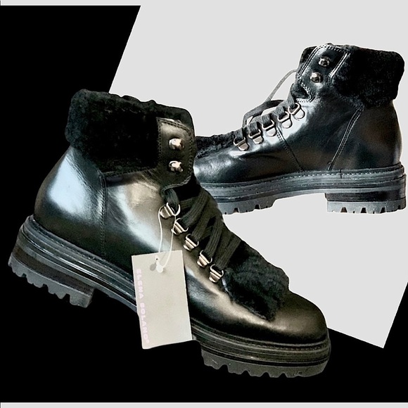 Last HTF Elena Solano Fur Leather Black Combat Ankle Boot NWT - Picture 3 of 12